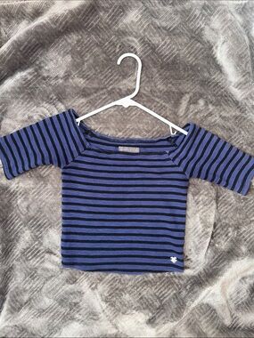 Kendall & Kylie Blue and Black Striped Off-Shoulder Crop Top